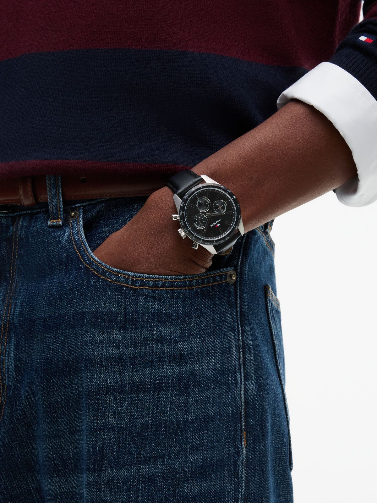 Black Leather Strap Chronograph Watch — Black