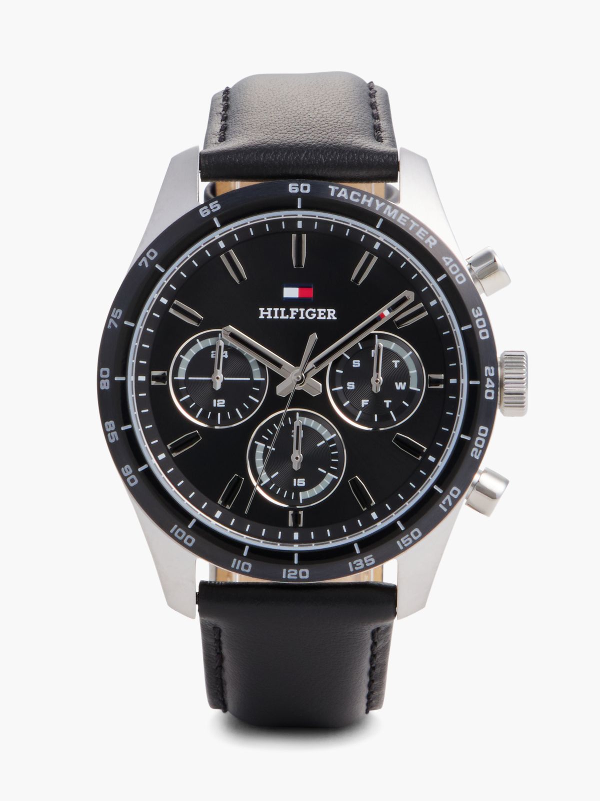 Black Leather Strap Chronograph Watch — Black
