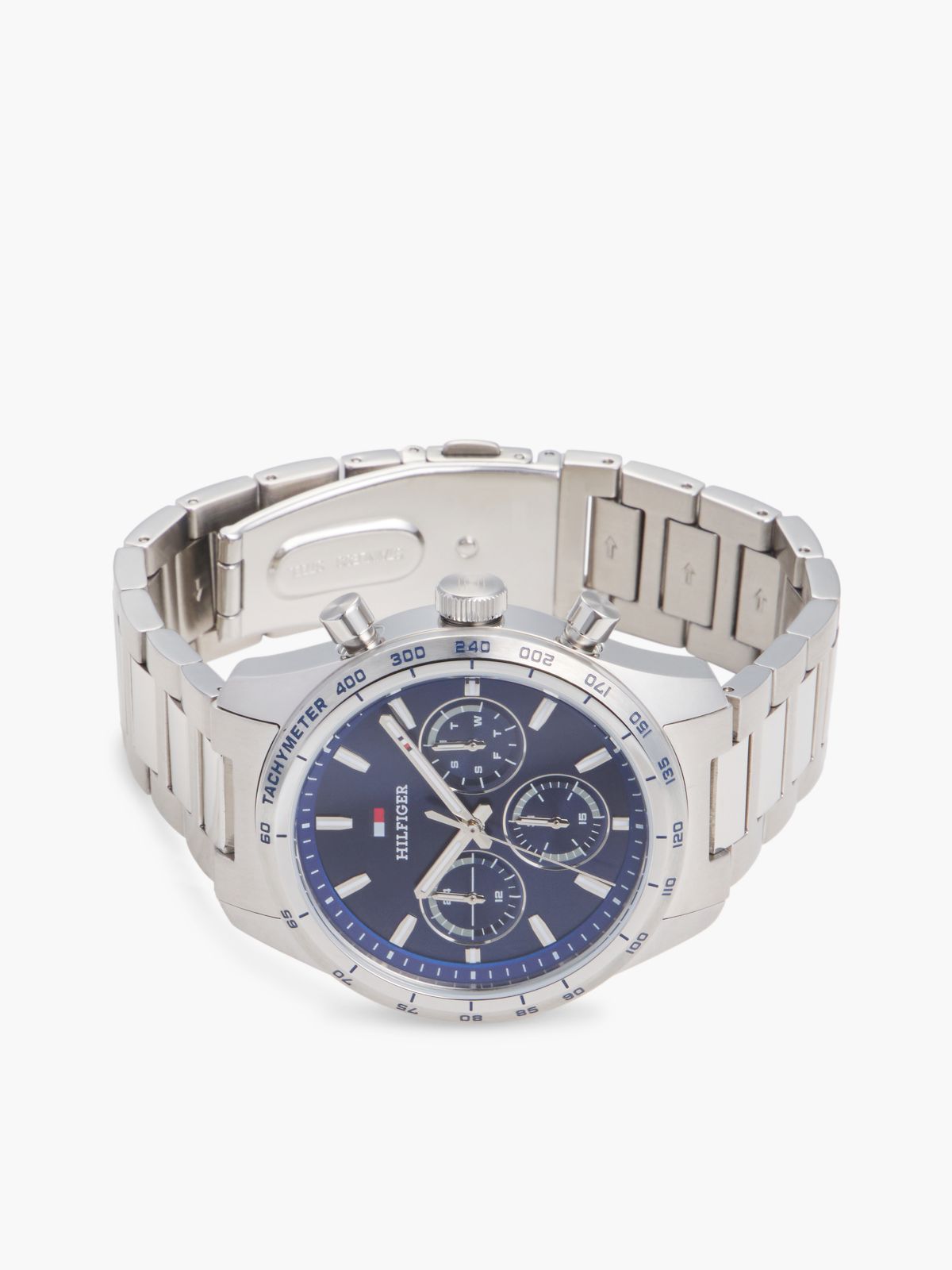Navy Dial Stainless Steel Chronograph Watch — Silver