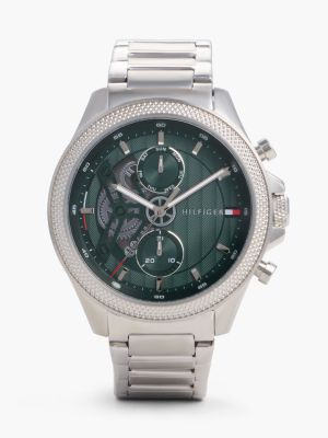 silver green skeleton dial chain-link chronograph watch for men tommy hilfiger