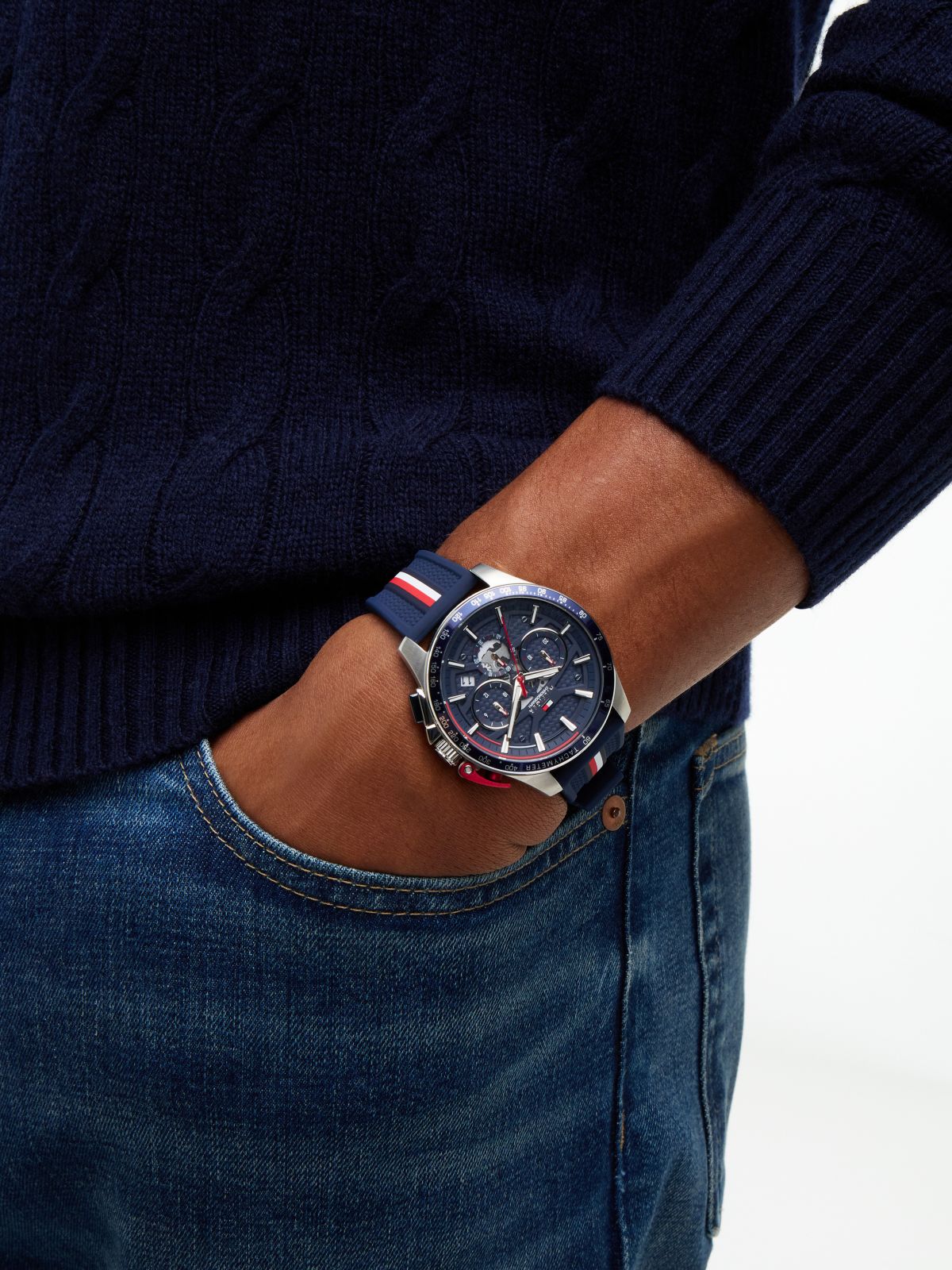 Global Stripe Silicone Strap Chronograph Watch — Blue