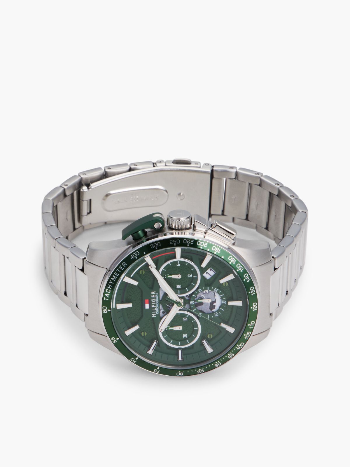Green Dial Stainless Steel Chronograph Watch — Silver