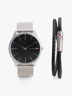 silver mesh-armbanduhr und armband im geschenkset für herren - tommy hilfiger