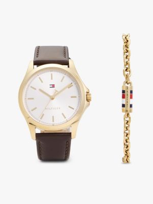brown ionic gold-plated watch and bracelet gift set for men tommy hilfiger