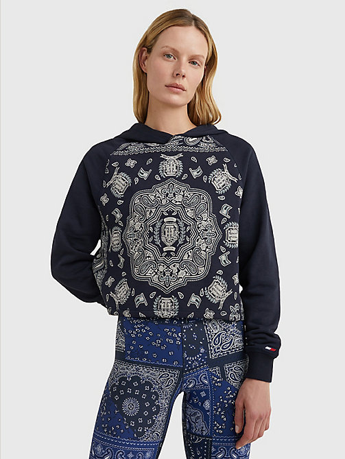blau sport hoodie aus terry mit print für damen - tommy hilfiger