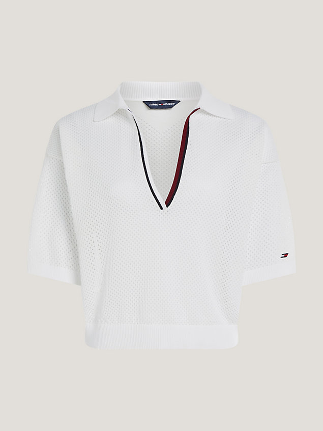 white sport v-neck half sleeve relaxed polo for women tommy hilfiger