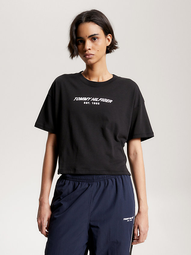black sport essential relaxed cropped logo t-shirt for women tommy hilfiger