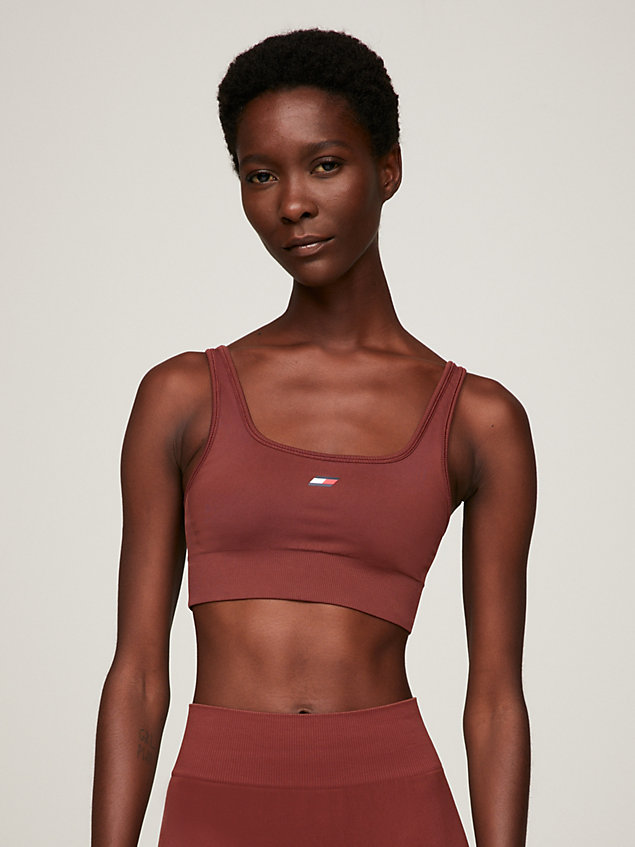 brown sport essential low support skinny fit bra for women tommy hilfiger