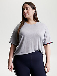 szary luźny t-shirt sport curve z kontrastową taśmą dla kobiety - tommy hilfiger