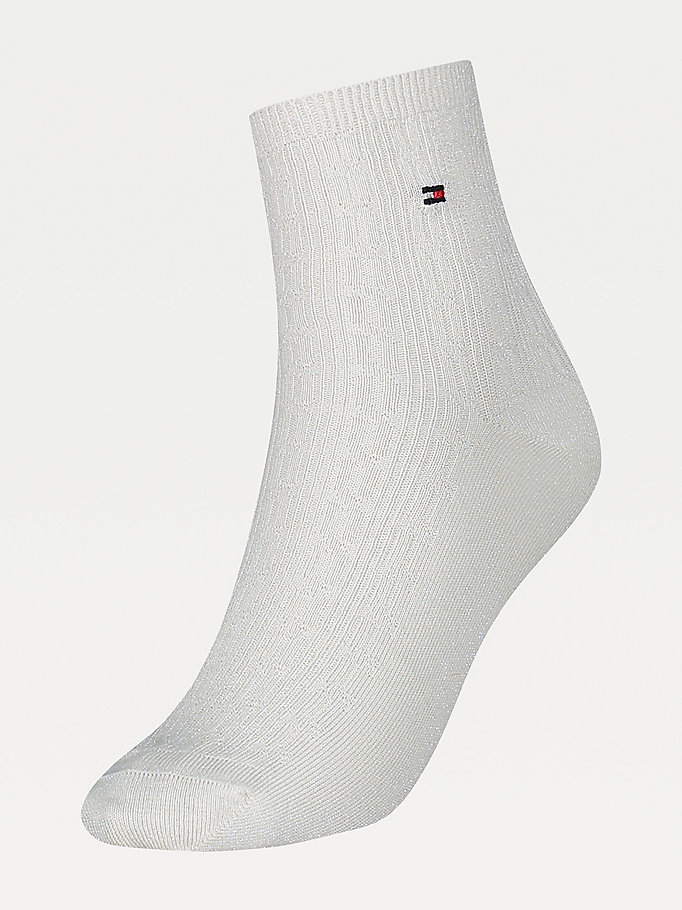 white sparkle cable knit short socks for women tommy hilfiger