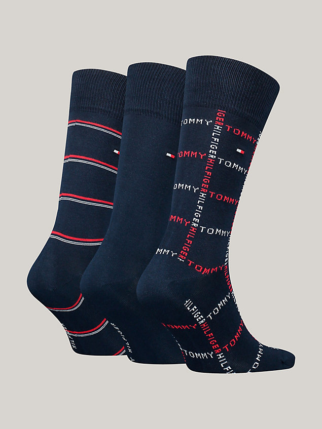 blue 3-pack classics grid stripe socks gift box for men tommy hilfiger