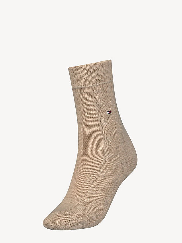 calcetines classics de punto trenzado beige de mujeres tommy hilfiger