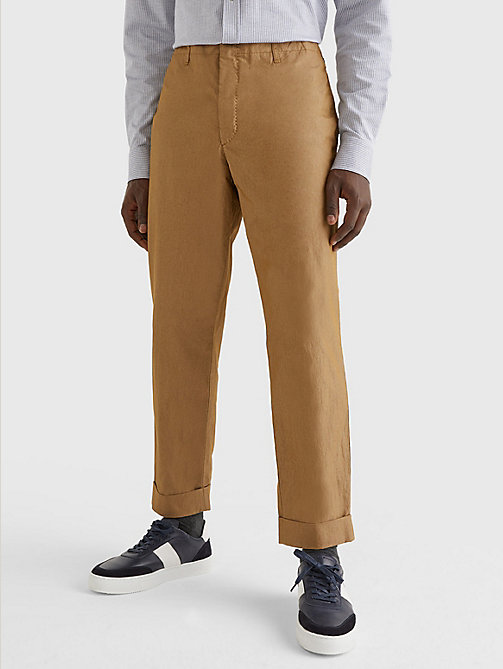 brown garment-dyed slim fit trousers for men tommy hilfiger