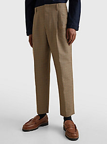 beige check wide leg trousers for men tommy hilfiger