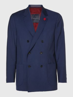 Stripe Double Breasted Wool Blazer, Blue