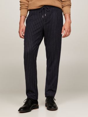 Dark Blue Slim Fit Pinstripe Linen Pants for Men by