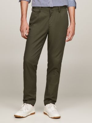 Pleated Twill Formal Slim Fit Trousers, Green