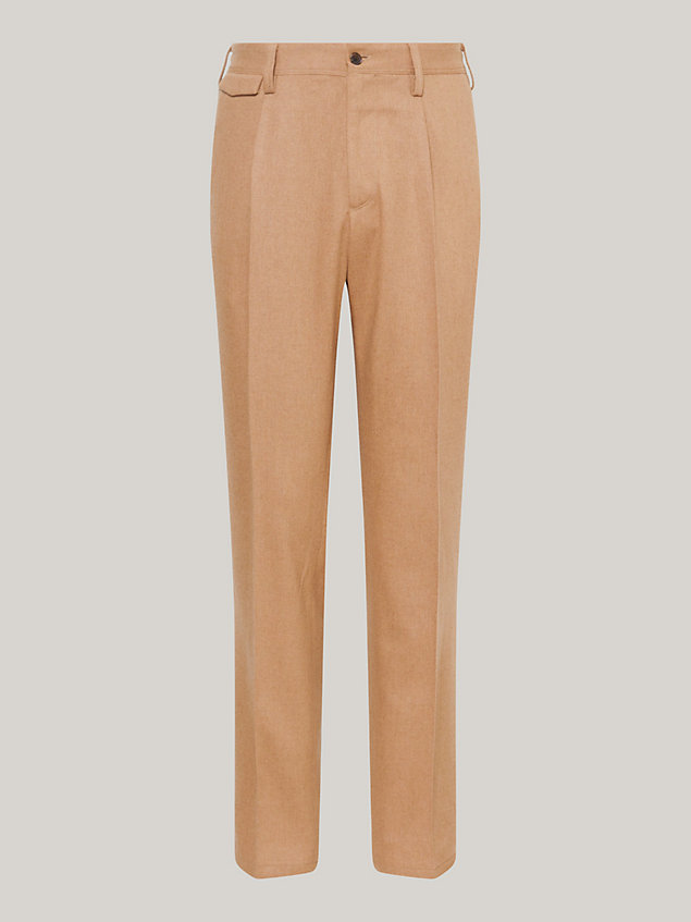 beige washable flannel formal slim fit trousers for men tommy hilfiger