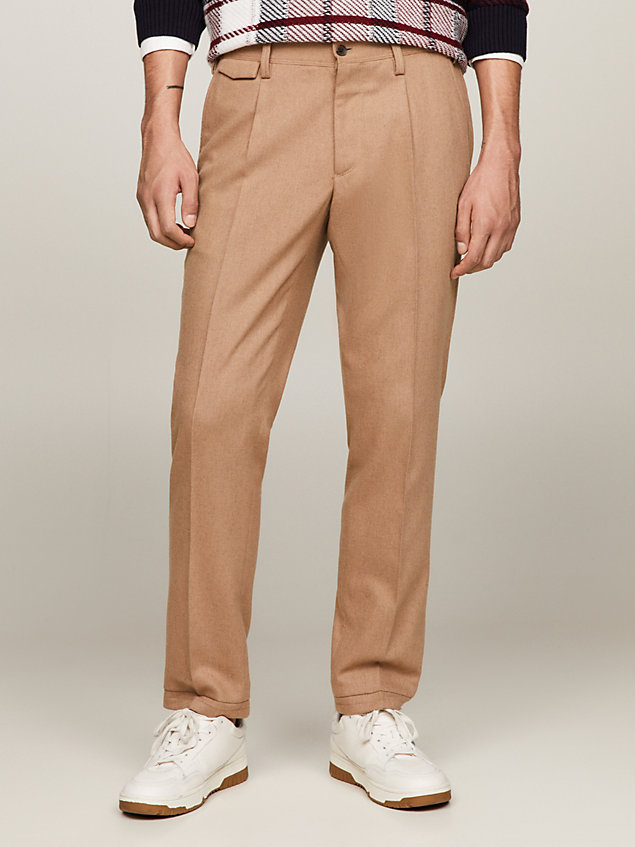 beige washable flannel formal slim fit trousers for men tommy hilfiger