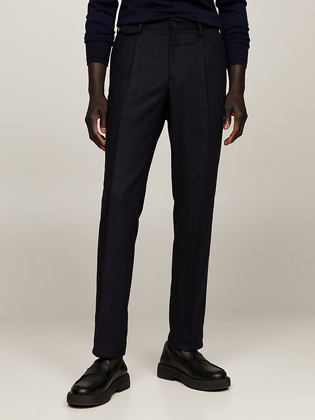 blue washable flannel formal slim fit trousers for men tommy hilfiger