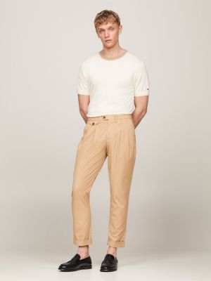 beige pleated regular fit formal trousers for men tommy hilfiger