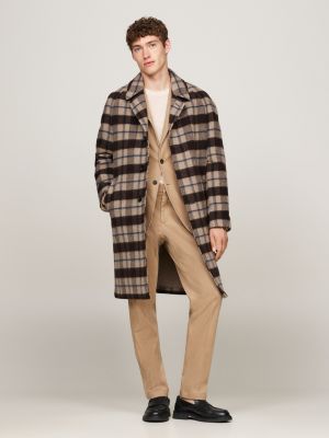 manteau droit à grands carreaux beige pour hommes tommy hilfiger