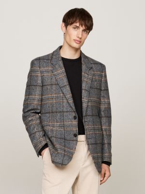 blazer à grands carreaux en laine mélangée grey pour hommes tommy hilfiger