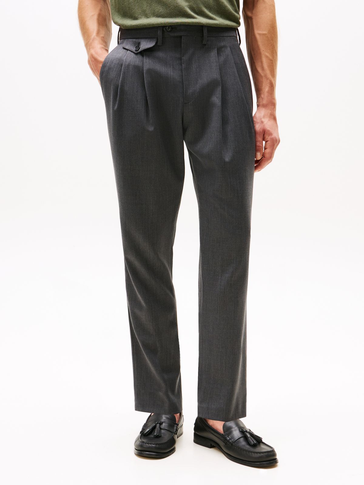 Wool Blend Twill Pressed Crease Trousers — Grey
