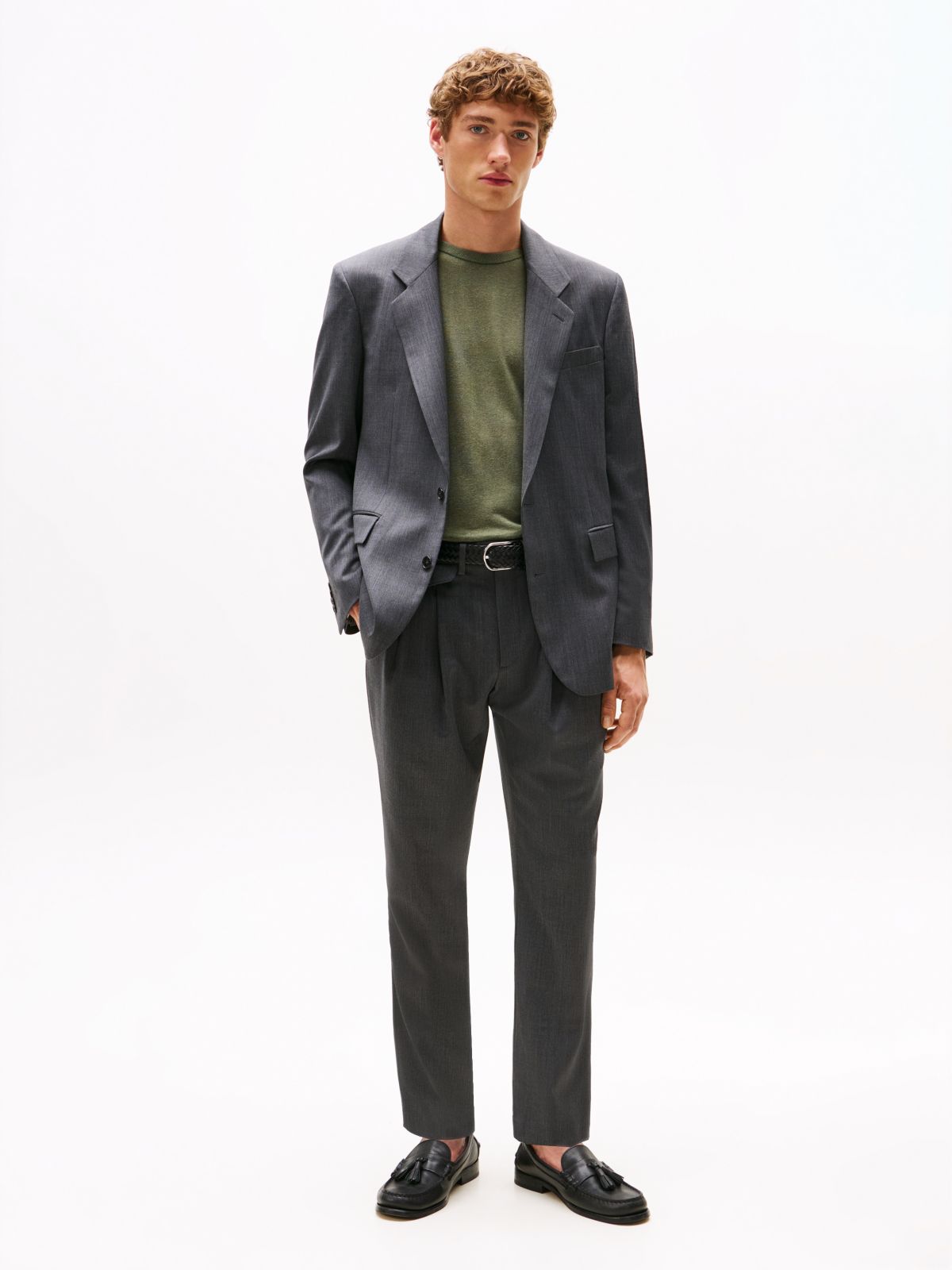 Wool Blend Twill Pressed Crease Trousers — Grey