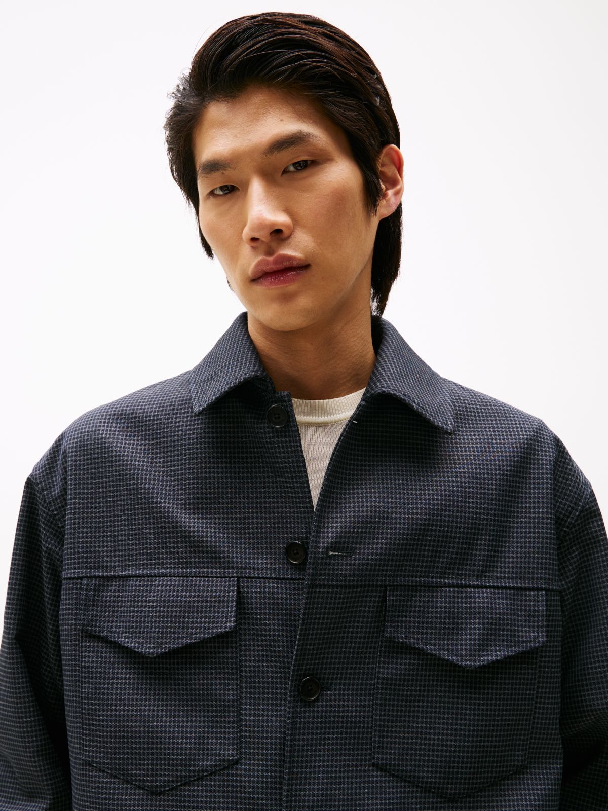 Micro Houndstooth Check Padded Bomber Jacket — Blue