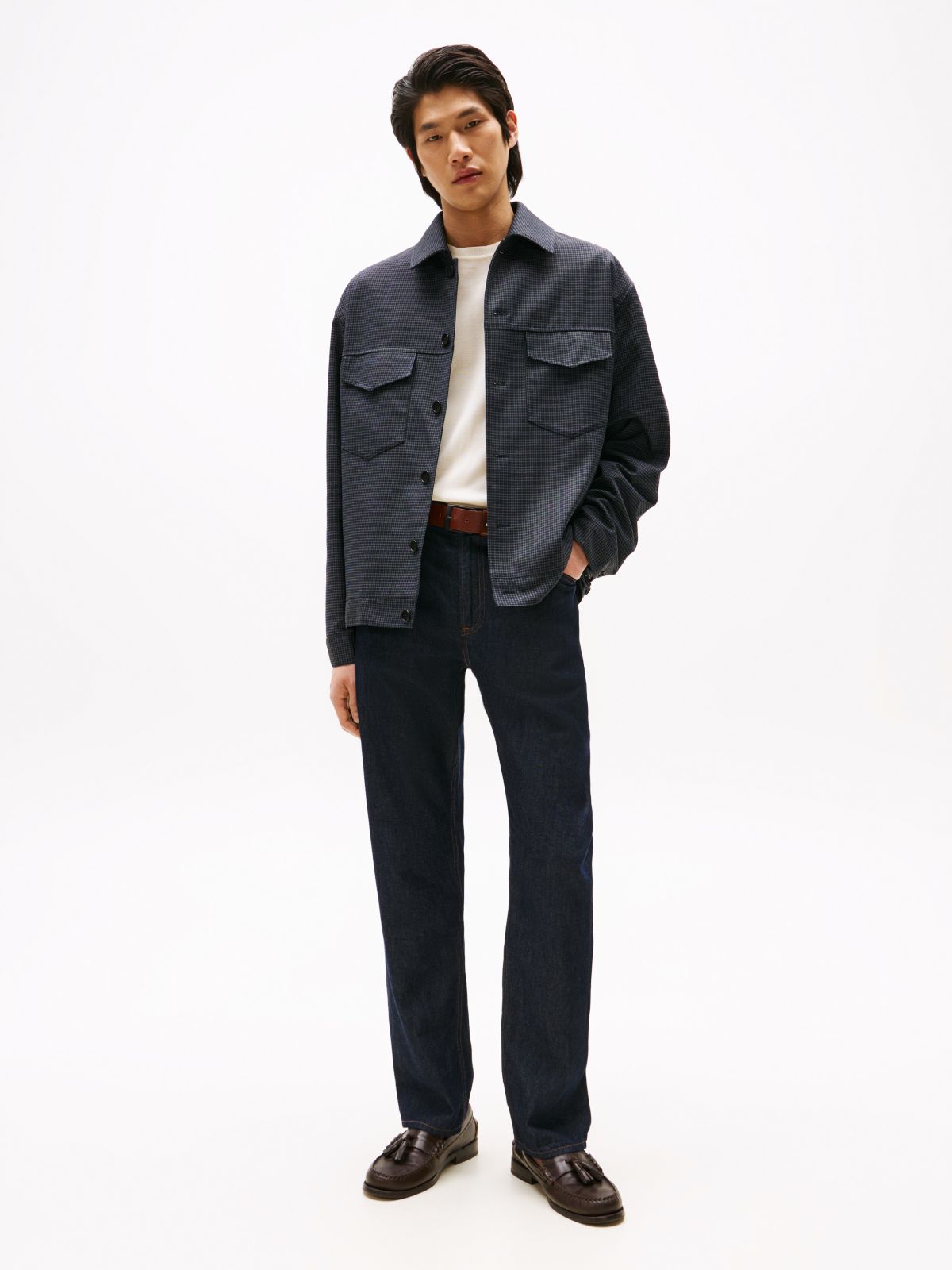 Micro Houndstooth Check Padded Bomber Jacket — Blue