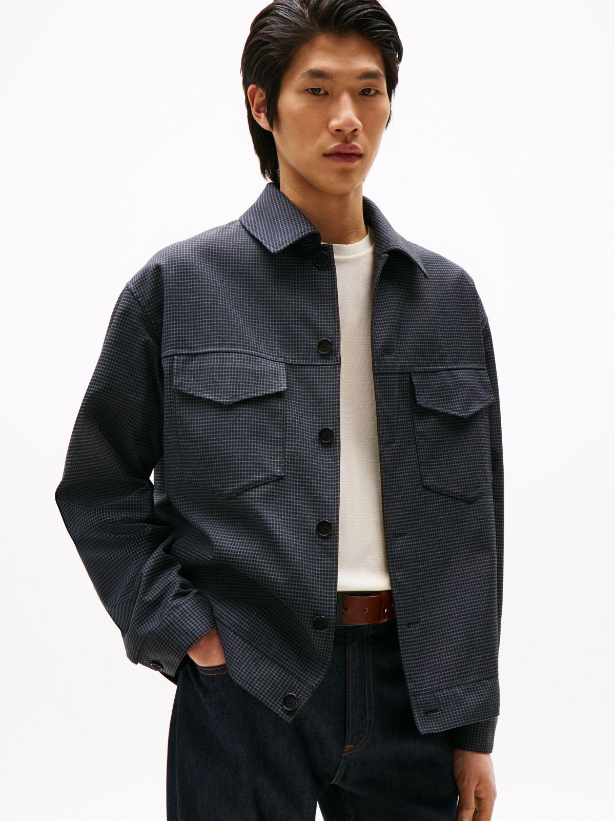 Micro Houndstooth Check Padded Bomber Jacket — Blue