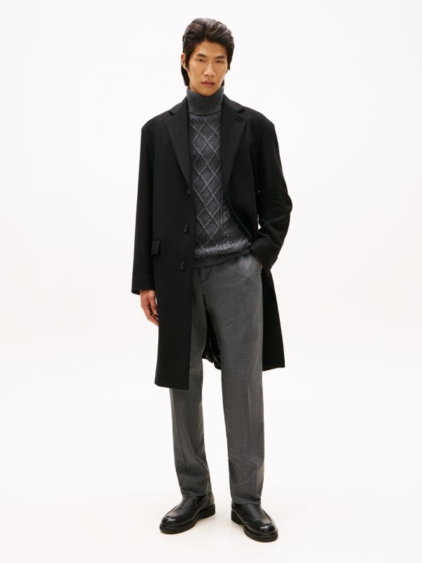 Single Breasted Longline Coat With Cashmere — Black