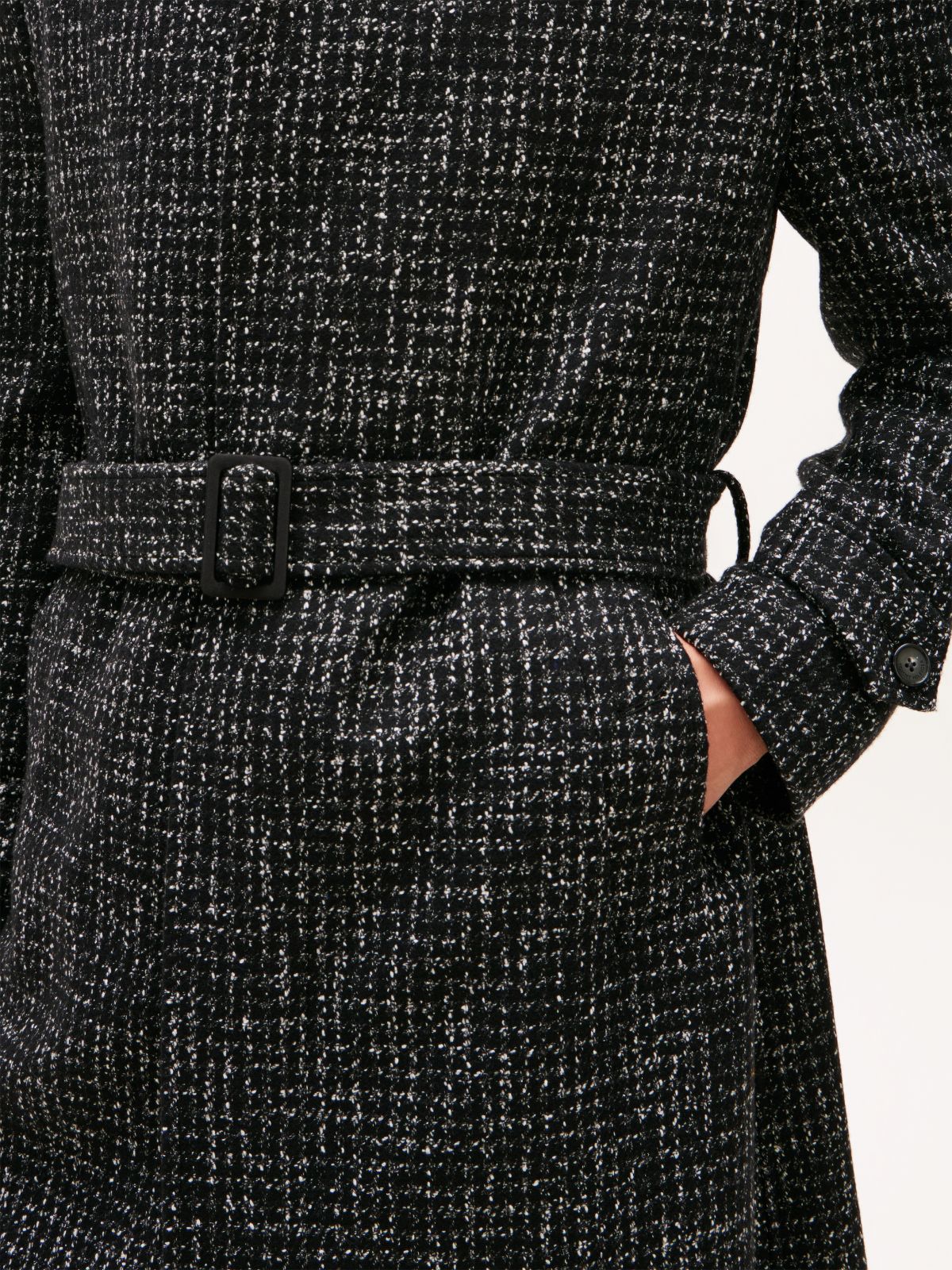 Houndstooth Wool Blend Belted Longline Coat — Black
