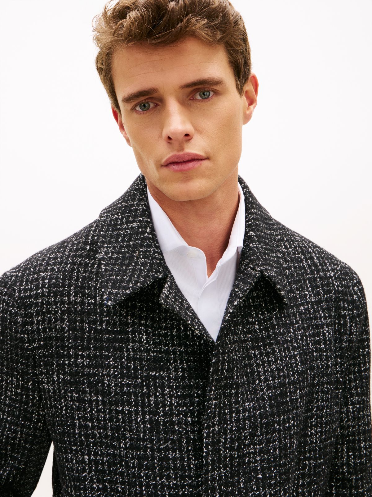Houndstooth Wool Blend Belted Longline Coat — Black