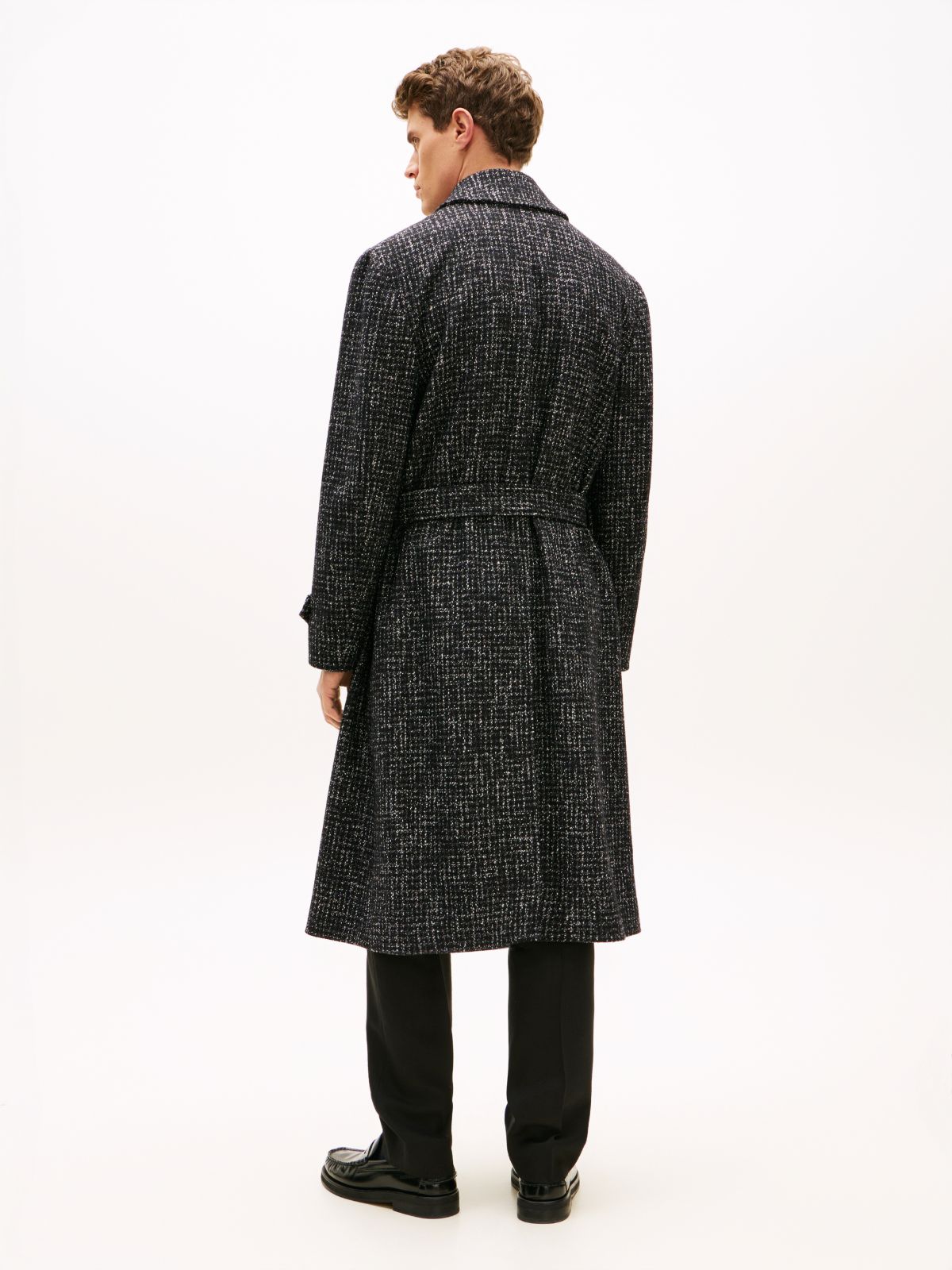 Houndstooth Wool Blend Belted Longline Coat — Black