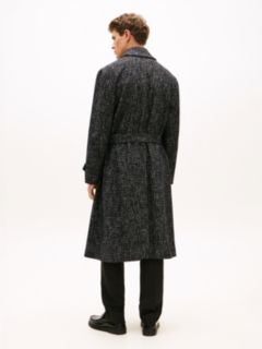 Houndstooth Wool Blend Belted Longline Coat — Black 5