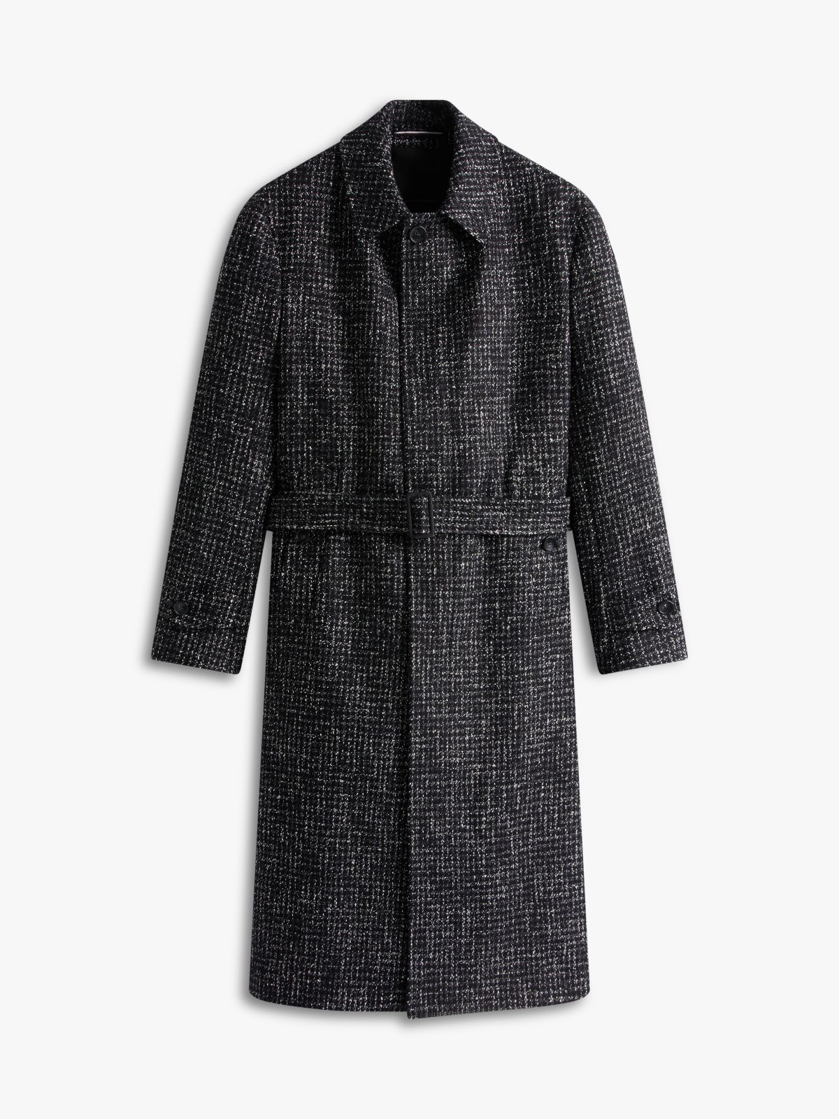 Houndstooth Wool Blend Belted Longline Coat — Black