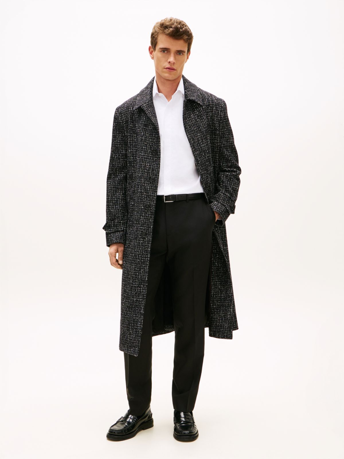 Houndstooth Wool Blend Belted Longline Coat — Black