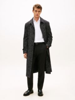 Houndstooth Wool Blend Belted Longline Coat — Black 1