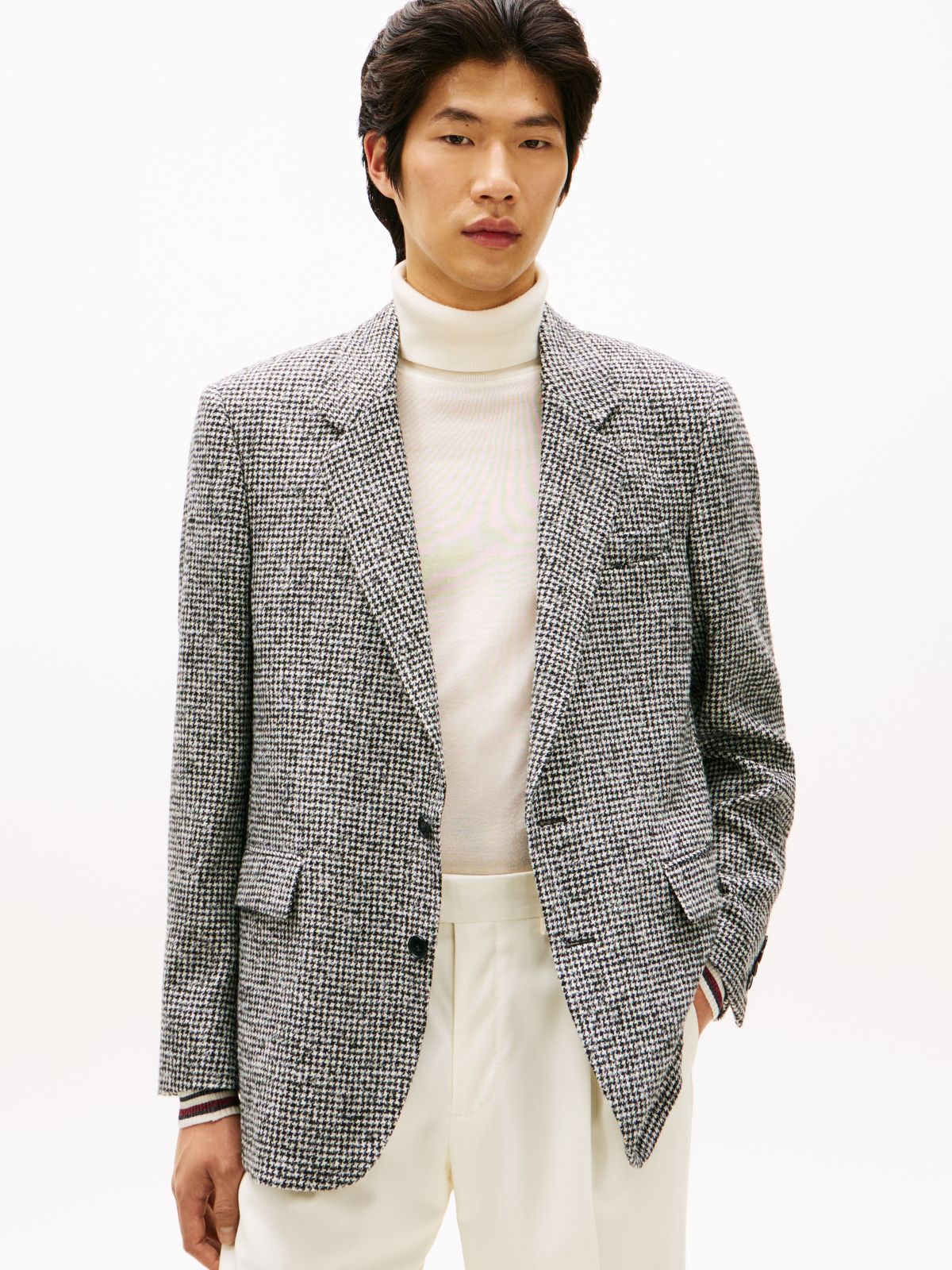Houndstooth Wool Blend Regular Fit Blazer — Grey