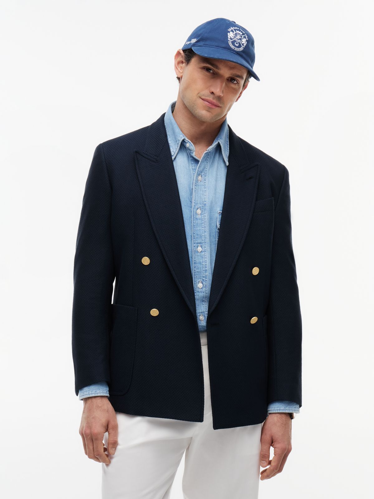 Regular Fit Wool Blend Double Breasted Blazer — Blue