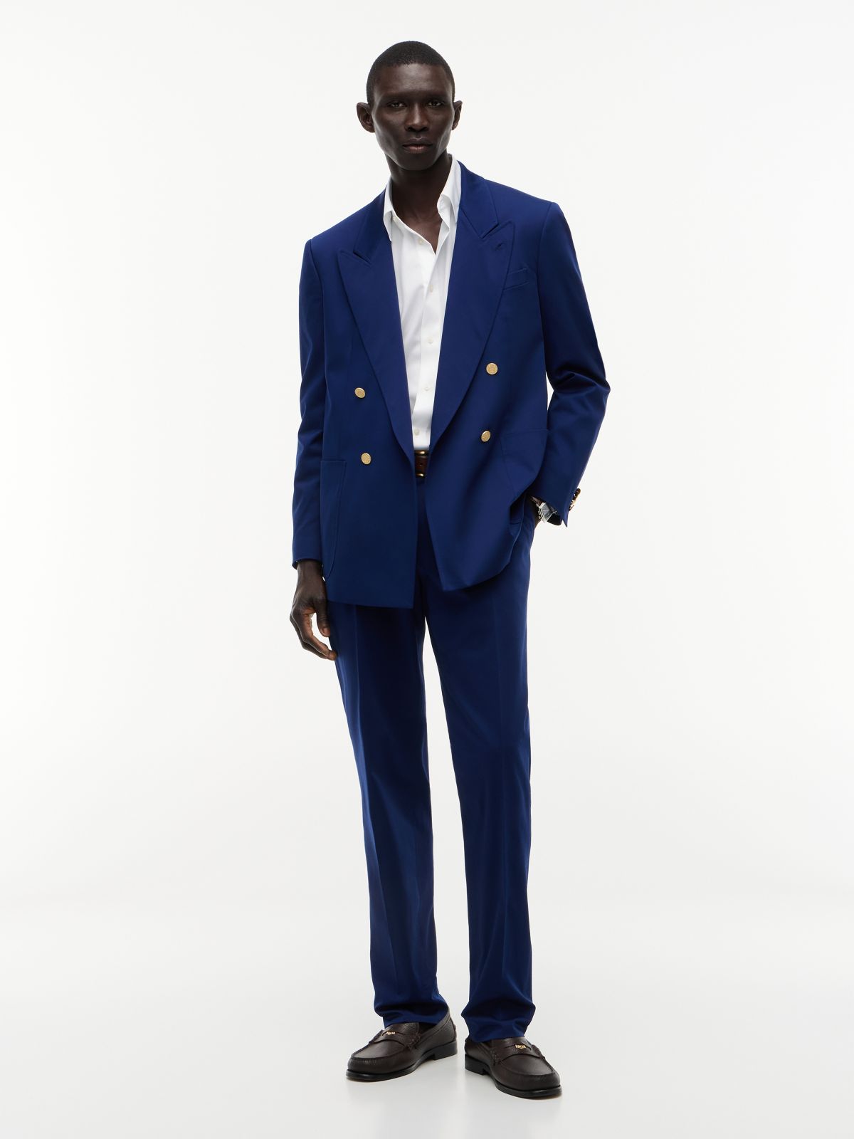 Gold-Tone Button Regular Fit Satin Blazer — Blue