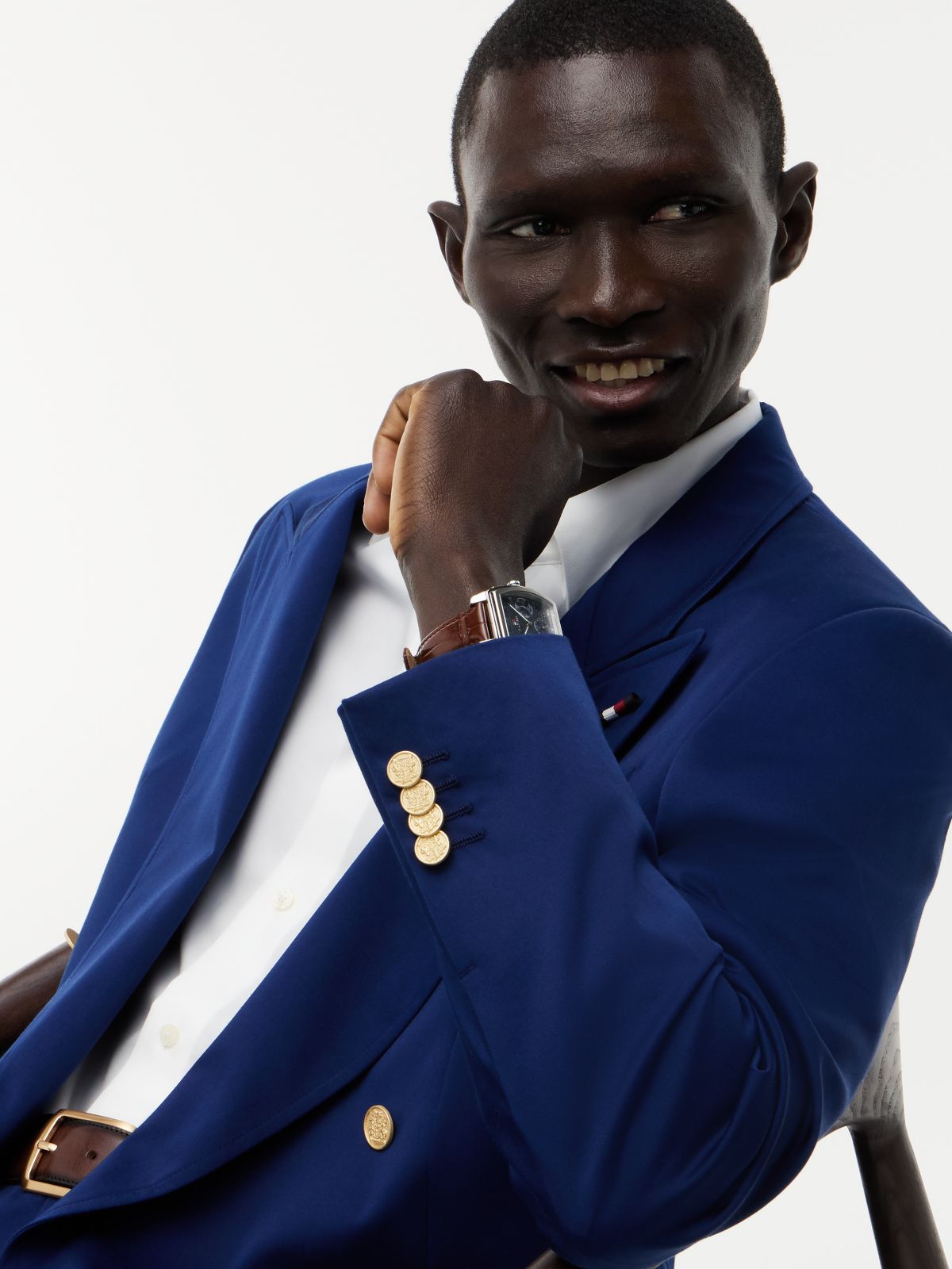 Gold-Tone Button Regular Fit Satin Blazer — Blue