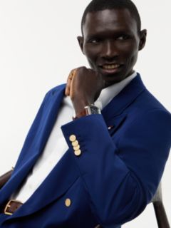 Gold-Tone Button Regular Fit Satin Blazer — Blue 3