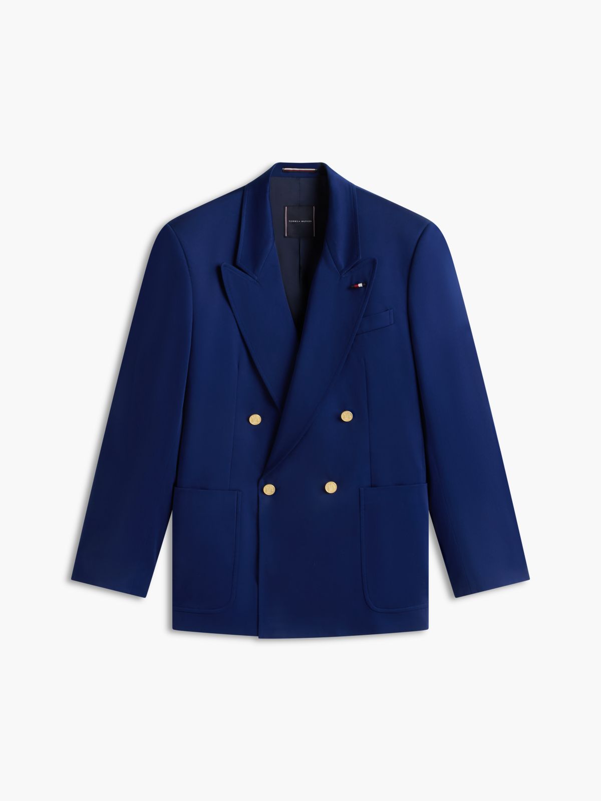 Gold-Tone Button Regular Fit Satin Blazer — Blue