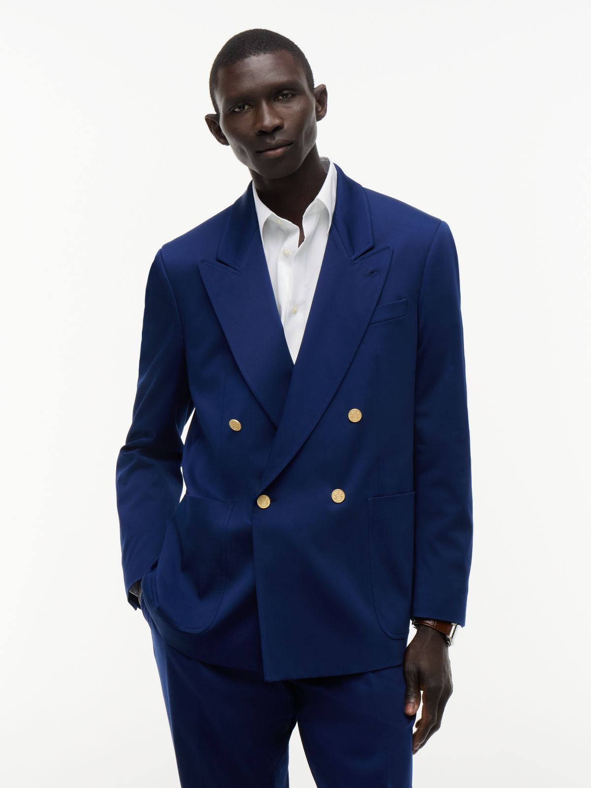 Gold-Tone Button Regular Fit Satin Blazer — Blue