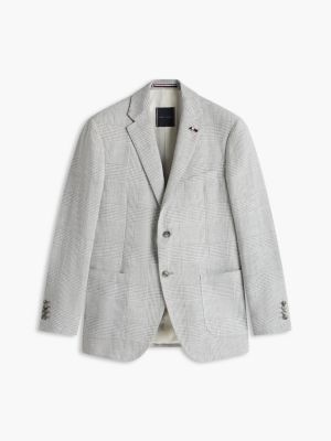 grey prince of wales check regular fit linen blend blazer for men tommy hilfiger