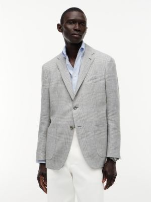 grey prince of wales check regular fit linen blend blazer for men tommy hilfiger