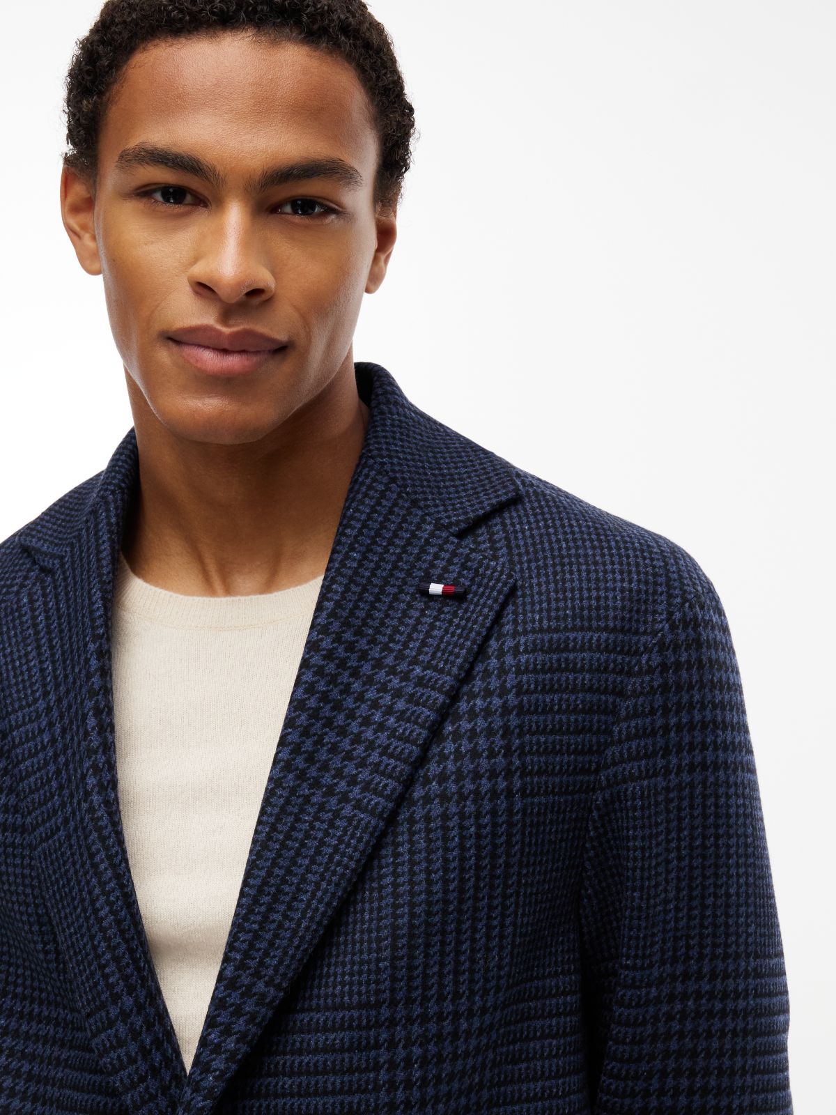 Houndstooth Wool Blend Single Breasted Coat — Blue